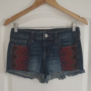 Express Dark Wash Blue Jean Shorts with Rust Red Embroidered Boho Pattern 0
